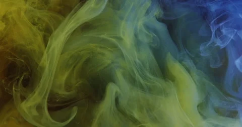 Paint mist smoke texture yellow blue fog floating Stock Footage 303562031