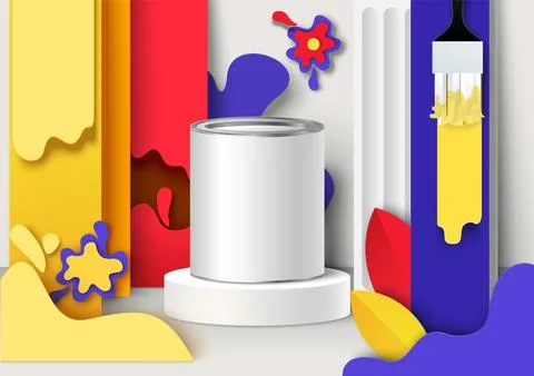Paint packaging can, container mockup on podium, paper cut color paintbrush Stock Illustration