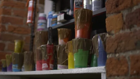 Paint Pots in Art Studio Stock Footage 128979681