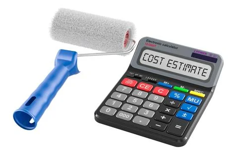 Paint roller and calculator. Cost estimate for renovation, concept. 3D rend.. Stock Illustration