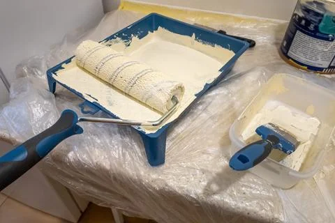Paint roller and tray with paint on drop cloth covered surface Photos