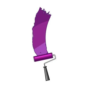 Paint roller applying purple color paint streak on white wall Stock Illustration