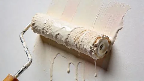 Paint roller applying white paint on wall surface. Close-up of home renovation p Фото