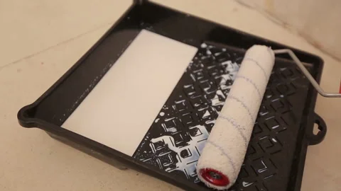 Paint roller is being dunked into container with white lime paint Stock Footage 95527909