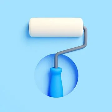 Paint roller with blue handle isolated on blue background, 3D render Illustration