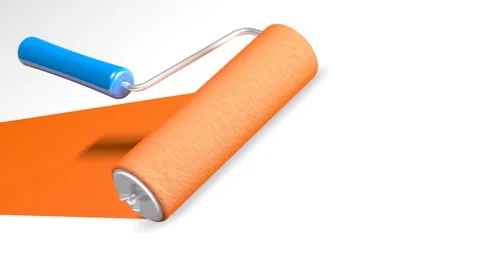 Paint roller with blue handle rolls orange paint onto white wall - 3d Stock Footage 107685943