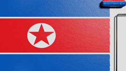 Paint roller with a chrome handle rolls paint flag NORTH KOREA Stock Footage 160407624