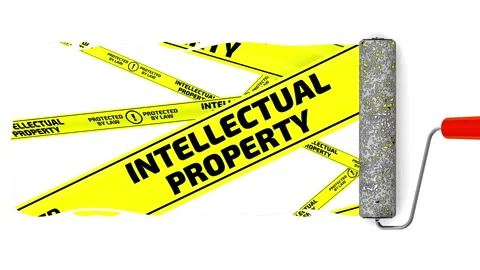 Paint roller draws INTELLECTUAL PROPERTY warning tapes Video stock 154803609