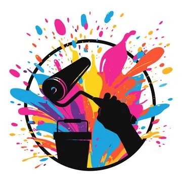 Paint roller in hand and colored paint splashes design Stock Illustration