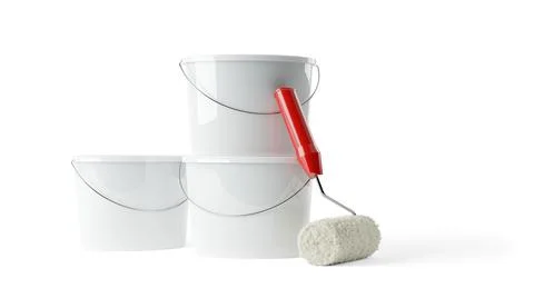 Paint roller leaning against white paint buckets over white background, home  Illustrazione stock