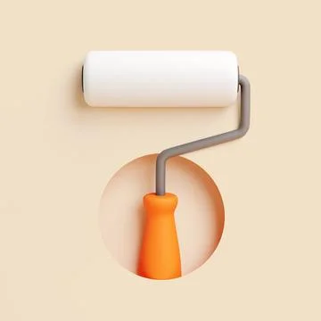 Paint roller with orange handle isolated on beige background, 3D render Stock Illustration