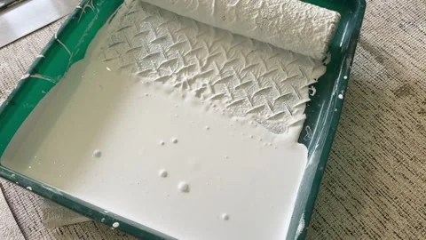 Paint roller with paint in container room. Painting the walls in a room Vídeos de archivo 273109386