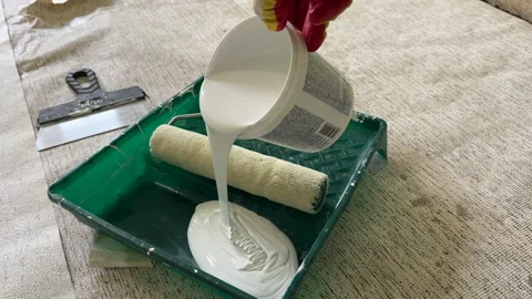 Paint roller with paint in container room. Painting the walls Stock Footage 273109580
