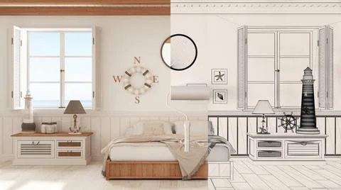 Paint roller painting interior design blueprint sketch background while the s Stock Illustration