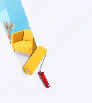 Paint roller revealing a room interior Illustration