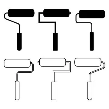 Paint roller tools icon set featuring dual style line art and solid black g.. 库存插图