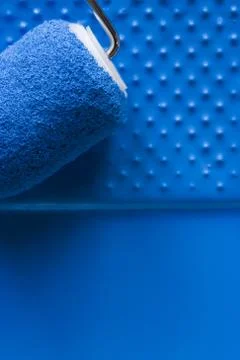 Paint roller in tray with paint Stock Photos