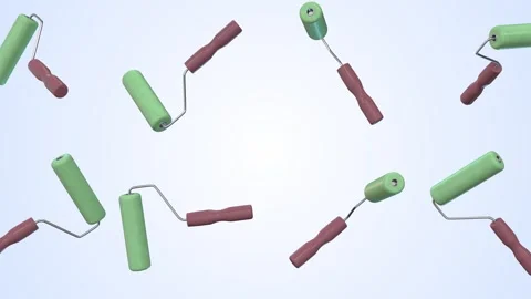 Paint Rollers Falling on a Light Blue Background. Flat Surface Painting Tool. 4K Stock Footage 304666579