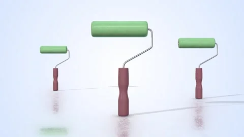 Paint Rollers on a Light Reflective Floor. Stylized Paint Rollers 3D Animation. Stock Footage 304667163