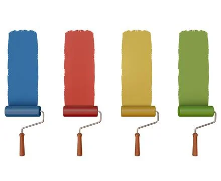 Paint rollers painting on white background in multiple colours 스톡 일러스트