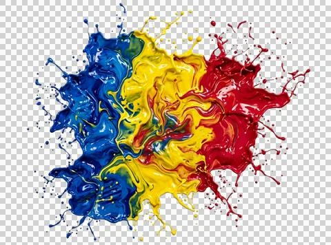 Paint splash in colors of romanian flag isolated on transparent background .. Stock Illustration