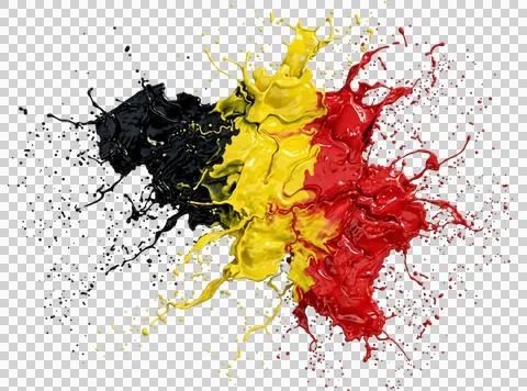 Paint splash creating an abstract flag of belgium on transparent background. Stock Illustration