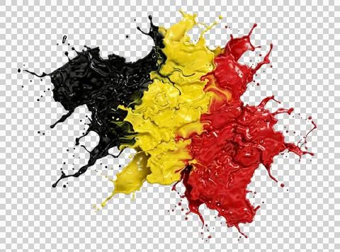 Paint splash creating an abstract flag of belgium on transparent background. Stock Illustration
