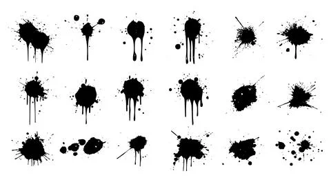 Paint Splash Ink Drips Illustrations Set. Spray Blots Splashes Black Graffiti Stock Illustration