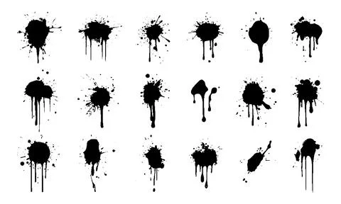 Paint Splash Ink Drips Illustrations Set. Spray Blots Splashes Black Graffiti Illustrazione stock