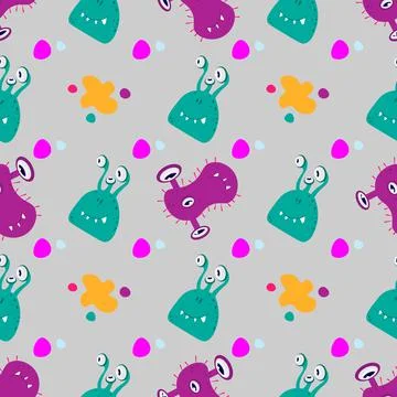 Paint splashes and multicolored Funny cartoon monsters alien or bacterium sea Stock Illustration