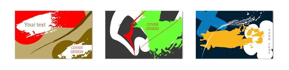 Paint strokes and geometric elements. Set of 3 multi-colored backgrounds Stock Illustration