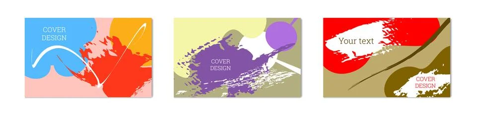 Paint strokes and geometric elements. Set of 3 multi-colored backgrounds イラスト素材
