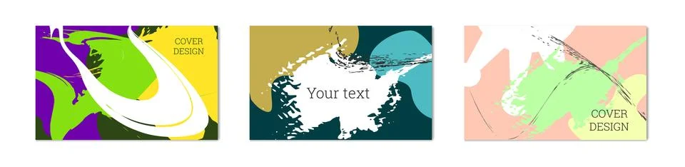 Paint strokes and geometric elements. Set of 3 multi-colored backgrounds Stock Illustration
