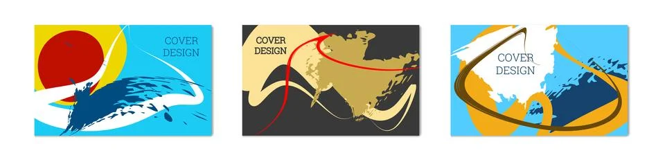 Paint strokes and geometric elements. Set of 3 multi-colored backgrounds Stock Illustration