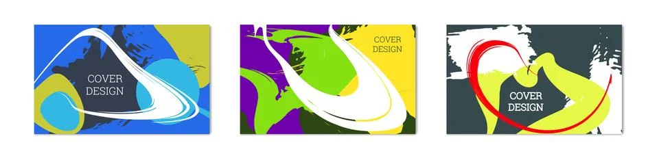 Paint strokes and geometric elements. Set of 3 multi-colored backgrounds Stock Illustration