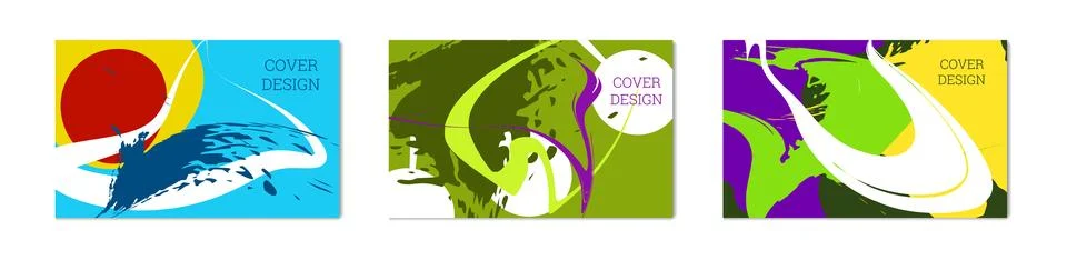 Paint strokes and geometric elements. Set of 3 multi-colored backgrounds Stock Illustration