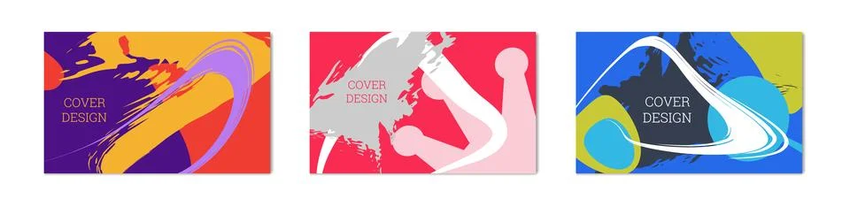 Paint strokes and geometric elements. Set of 3 multi-colored backgrounds. N.. Stock Illustration
