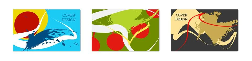 Paint strokes and geometric elements. Set of 3 multi-colored backgrounds. N.. 스톡 일러스트