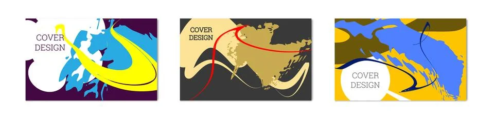 Paint strokes and geometric elements. Set of 3 multi-colored backgrounds. N.. Stock Illustration