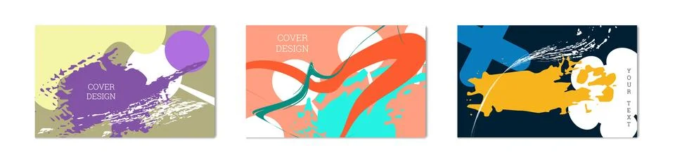 Paint strokes and geometric elements. Set of 3 multi-colored backgrounds. N.. Stock Illustration