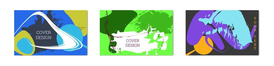 Paint strokes and geometric elements. Set of 3 multi-colored backgrounds. N.. Illustrazione stock