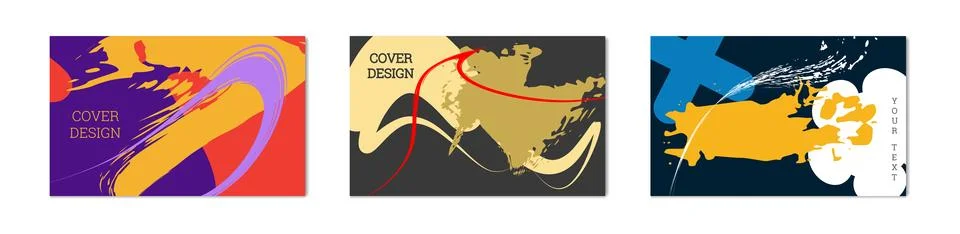 Paint strokes and geometric elements. Set of 3 multi-colored backgrounds. N.. Illustrazione stock