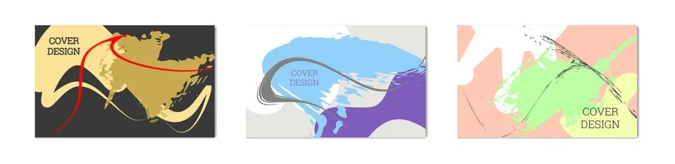 Paint strokes and geometric elements. Set of 3 multi-colored backgrounds. N.. Stock Illustration