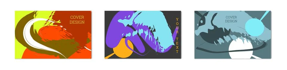 Paint strokes and geometric elements. Set of 3 multi-colored backgrounds. N.. Stock Illustration