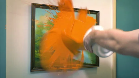 Paint Is Thrown On Artwork In Gallery, Protester, Vandalism Stock Footage 284148989