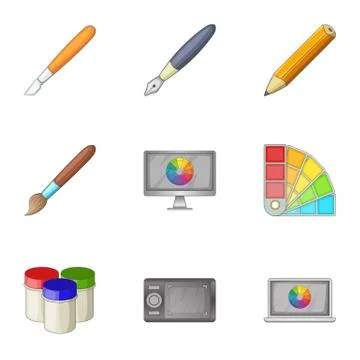 Paint tools interface icons set, cartoon style Stock Illustration