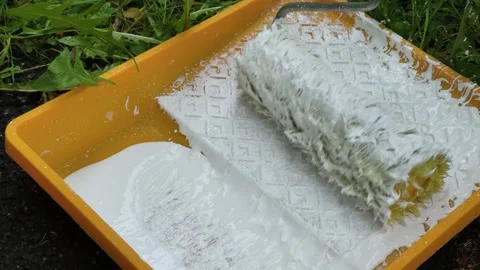 Paint tray filled with white paint, mixed with paint roller 库存影片 306152956