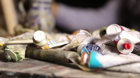 Paint tubes in an art workshop Stock Footage 68296875