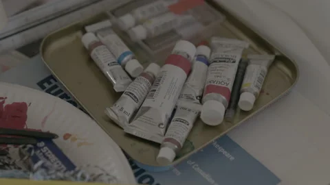 Paint Tubes On The Table - No LUT Version Stock Footage 221853657