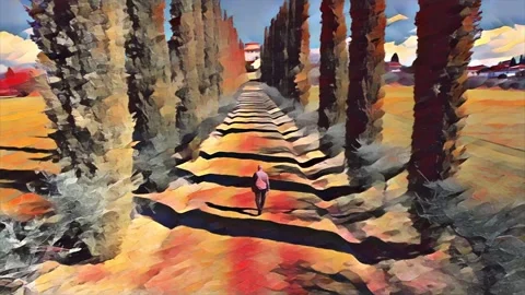 Paint Villa Cypress trees-Man walking house Villa path Ceciliano-Italy-Tuscany Stock Footage 190589178
